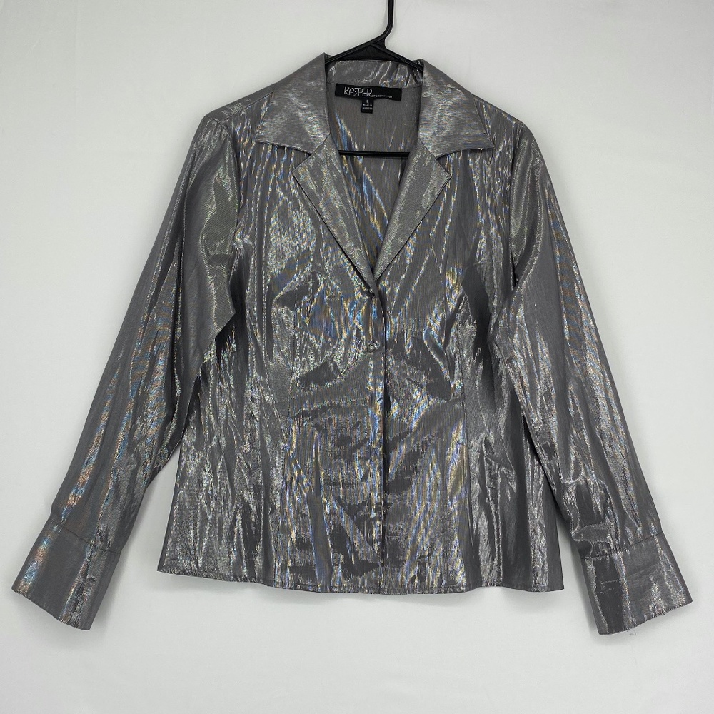 Kasper Sportswear Women Large Button Front Shirt Silver Metallic Cotton Long Slv